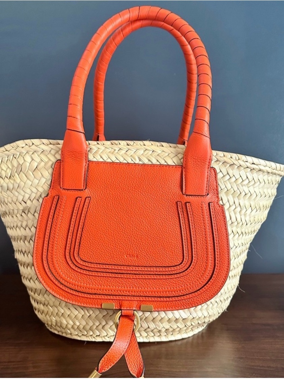 Orange Leather-Trim Straw Tote